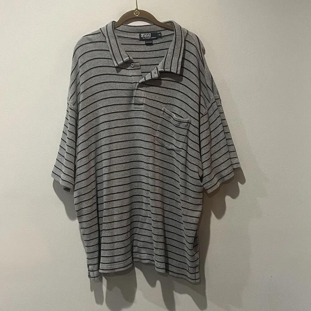 Polo Ralph Lauren Polo Shirt Men’s 2X Gray Striped‎ Waffle Knit Cotton Preppy